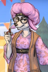 Size: 486x722 | Tagged: safe, artist:narasm, harriet (animal crossing), canine, dog, mammal, poodle, anthro, animal crossing, nintendo, female, front view, glasses, looking at you, meganekko, round glasses, scissors, solo, solo female, three-quarter view