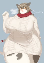 Size: 2150x3035 | Tagged: safe, artist:ch4_n2o, bovid, cattle, cow, mammal, anthro, breasts, clothes, female, huge breasts, scarf, solo, solo female, sweater, tail, thick thighs, thighs, topwear, wide hips