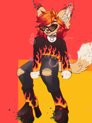 Size: 960x1280 | Tagged: safe, artist:fanghaunt, canine, fennec fox, fox, mammal, anthro, 2020, belt, boots, bottomwear, clothes, collar, digital art, ears, fur, glasses, glitch, hair, pants, red background, red hair, shoes, simple background, sitting, solo, sunglasses, tail, tan body, tan fur, topwear