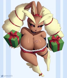 Size: 2556x2964 | Tagged: suggestive, artist:gammainks, oc, oc:jayden (gammainks), fictional species, lagomorph, leporid, lopunny, mammal, anthro, nintendo, pokémon, 2022, between breasts, braless, breasts, candy cane, choker, christmas, christmas outfit, clothes, female, gift box, holiday, huge breasts, legwear, solo, solo female, thick thighs, thighs