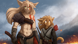 Size: 2240x1280 | Tagged: safe, artist:twokinds, jade adelaide (twokinds), madelyn adelaide (twokinds), basitin, fictional species, mammal, anthro, twokinds, god of war, sony, 2022, abs, armor, body markings, bow and arrow, cosplay, female, muscles, outdoors