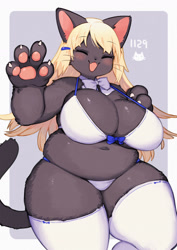 Size: 1254x1771 | Tagged: safe, artist:kishibe_, cat, feline, mammal, anthro, bikini, blushing, breasts, clothes, female, huge breasts, paw pads, paws, slightly chubby, solo, solo female, swimsuit, tail, thick thighs, thighs, wide hips