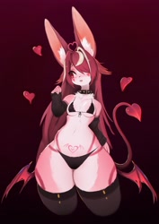 Size: 2480x3508 | Tagged: safe, artist:soda_uyu, canine, demon, fictional species, fox, mammal, succubus, anthro, bra, clothes, devil tail, female, heart, legwear, love heart, panties, solo, solo female, stockings, tail, thick thighs, thighs, underwear, wide hips, wings