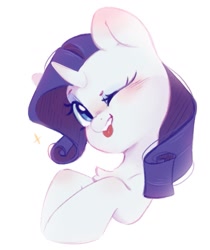 Size: 873x1040 | Tagged: safe, artist:melodylibris, rarity (mlp), equine, fictional species, mammal, pony, unicorn, feral, friendship is magic, hasbro, my little pony, :p, aside glance, blushing, bust, chest fluff, cute, female, fluff, horn, looking at you, mare, one eye closed, simple background, solo, solo female, three-quarter view, tongue, tongue out, white background, winking