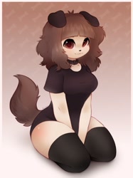Size: 1535x2048 | Tagged: safe, artist:alphadesu, oc, oc only, oc:mimi (typh), canine, dog, mammal, anthro, breasts, clothes, female, hand between legs, shirt, solo, solo female, thick thighs, thighs, topwear, wide hips