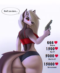 Size: 1557x1906 | Tagged: safe, artist:aozee, loona (vivzmind), canine, fictional species, hellhound, mammal, anthro, hazbin hotel, helluva boss, 2022, belly button, big breasts, black nose, breasts, clothes, colored sclera, digital art, ears, eyelashes, female, fur, gun, hair, handgun, looking at you, looking back, looking back at you, one eye closed, pose, rear view, red sclera, sideboob, solo, solo female, sports bra, sports panties, tail, thighs, topwear, unamused, weapon, wide hips