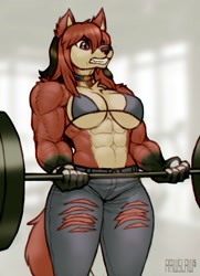 Size: 1486x2047 | Tagged: safe, artist:rawslaw5, canine, fictional species, mammal, werewolf, anthro, 2022, abs, absolute cleavage, big breasts, bra, breasts, cleavage, clothes, female, jeans, muscles, muscular female, pants, solo, solo female, thunder thighs, underwear, weight lifting, wide hips