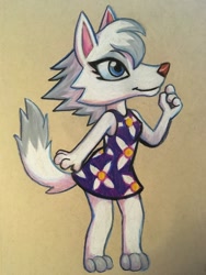 Size: 900x1200 | Tagged: dead source, safe, artist:thera, whitney (animal crossing), canine, mammal, wolf, anthro, animal crossing, nintendo, 2d, blue eyes, bottomwear, clothes, cute, dress, female, fur, smiling, solo, solo female, traditional art, white body, white fur