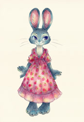 Size: 884x1280 | Tagged: safe, artist:monniponi, judy hopps (zootopia), lagomorph, mammal, rabbit, anthro, disney, zootopia, 2d, bottomwear, clothes, cute, dress, female, front view, puffy sleeves, simple background, solo, solo female, traditional art, white background