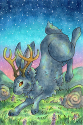 Size: 855x1280 | Tagged: safe, artist:monniponi, fictional species, jackalope, lagomorph, mammal, feral, 2022, 2d, ambiguous gender, looking at you, night, night sky, sky, solo, solo ambiguous, stars, traditional art, watercolor painting