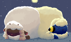 Size: 2000x1200 | Tagged: safe, artist:アクアブルー, fictional species, mammal, mareep, wooloo, nintendo, pokémon, 2019, ambiguous gender, ambiguous only, duo, duo ambiguous