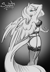 Size: 845x1200 | Tagged: suggestive, artist:sunny way, fluttershy (mlp), equine, fictional species, mammal, pegasus, pony, anthro, friendship is magic, hasbro, my little pony, artwork, back, bra, breasts, butt, clothes, cute, digital art, female, lace, legwear, lingerie, mare, panties, patreon reward, pinup, solo, solo female, stockings, underwear, wings