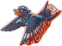 Size: 2206x1613 | Tagged: safe, artist:tayalu, oc, oc:mistral (gyro), bird, fictional species, songbird, swellow, feral, nintendo, pokémon, badge, bird feet, blue body, clothes, feathered wings, feathers, female, hat, headwear, outfit, red body, tail, uniform, white body, wings, yellow eyes