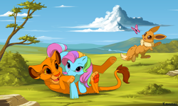 Size: 900x540 | Tagged: safe, artist:kamirah, simba (the lion king), arthropod, big cat, butterfly, earth pony, eevee, eeveelution, equine, feline, fictional species, insect, lion, mammal, pony, feral, disney, hasbro, my little pony, my little pony g3, nintendo, pokémon, the lion king, 2015, 2d, ambiguous gender, cloud, crossover, cub, cute, female, male, mare, paw pads, paws, plant, playing, rainbow dash (mlp g3), tree, young