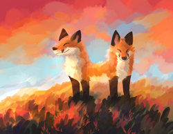 Size: 1010x783 | Tagged: safe, artist:theroguez, oc, oc only, oc:foxfox (theroguez), canine, fox, mammal, red fox, feral, conjoined, conjoined twins, cute, detailed background, digital art, digital painting, eyes closed, multiple heads, smiling, two heads