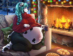 Size: 1534x1199 | Tagged: safe, artist:tiggybloom, canine, dalmatian, dog, mammal, anthro, belly button, big breasts, bottomwear, breasts, clothes, couch, female, fireplace, huge belly, pants, pregnant, sitting, snow, solo, solo female, sweater, thick thighs, thighs, topwear, wide hips