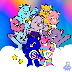Size: 3000x3000 | Tagged: safe, artist:mrstheartist, cheer bear (care bears), funshine bear (care bears), love-a-lot bear (care bears), share bear (care bears), oc, oc:creative bear, bear, fictional species, mammal, star creature, semi-anthro, care bears, care bears: unlock the magic, belly badges, bright colors, cap, care bear, care-a-lot bear (cbutm), dream bright bear (cbutm), eyes closed, fist, fur, gesture, group, hat, headwear, heart nose, holding, holding hands, looking at you, peace sign, rainbow background, rainbow fur, star, starbuddies, starbuddy, stars, togetherness bear (cbutm), tongue, tongue out, wish bear (care bears)