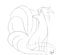 Size: 760x656 | Tagged: safe, artist:straal, canine, fictional species, fox, mammal, ninetales, feral, nintendo, pokémon, ambiguous gender, grayscale, monochrome, multiple tails, nine tails, signature, simple background, sitting, sketch, smiling, solo, solo ambiguous, tail, white background