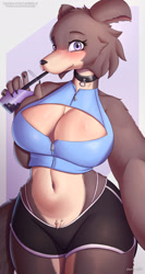 Size: 951x1794 | Tagged: suggestive, artist:nexcoyotlgt, juno (beastars), canine, mammal, wolf, anthro, beastars, 2022, belly button, big breasts, blushing, bottomwear, breasts, brown body, brown fur, bubble tea, choker, cleavage, cleavage window, clothes, drink, ears, female, fluff, fur, looking at you, panties, purple eyes, selfie, shorts, sipping, solo, solo female, straps, thong