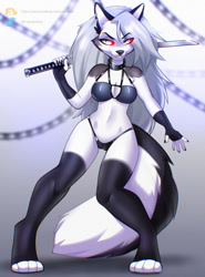 Size: 946x1280 | Tagged: suggestive, artist:alna, loona (vivzmind), canine, fictional species, hellhound, mammal, anthro, digitigrade anthro, hazbin hotel, helluva boss, 2022, belly button, bikini, black bikini, black nose, black swimsuit, breasts, cameltoe, clothes, colored sclera, detailed background, digital art, ears, eyelashes, female, fur, red sclera, solo, solo female, swimsuit, sword, tail, thighs, weapon, wide hips