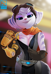 Size: 1776x2564 | Tagged: suggestive, artist:shnider, rivet (r&c), fictional species, lombax, mammal, anthro, ratchet & clank, sony, 2022, artist name, bandanna, bedroom eyes, belly button, braless, breasts, cleavage, clothes, cybernetic arm, digital art, ear piercing, ears, eyelashes, female, fur, goggles, goggles on head, hair, looking at you, neckerchief, open mouth, piercing, pink nose, pose, prosthetic arm, prosthetics, scarf, solo, solo female, suit, tail, thighs, undressing, unzipping, watermark, wide hips