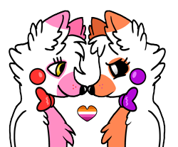 Size: 2736x2261 | Tagged: safe, artist:taeko, lolbit (fnaf), mangle (fnaf), canine, fox, mammal, five nights at freddy's, bow, bow tie, chest fluff, clothes, cute, duo, ear fluff, female, female/female, flat colors, fluff, heart, lesbian pride flag, looking at each other, mangbit (fnaf), no source, noseboop, pride flag, shipping, shoulder fluff, simple background, smiling, transparent background, vixen