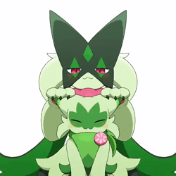 Size: 720x720 | Tagged: safe, artist:tontaro, fictional species, floragato, meowscarada, anthro, nintendo, pokémon, spoiler:pokémon gen 9, spoiler:pokémon scarlet and violet, 2022, 2d, 2d animation, ambiguous gender, ambiguous only, animated, bedroom eyes, blushing, cheek fluff, digital art, duo, duo ambiguous, ears, eyes closed, fluff, fur, neck fluff, no sound, paws, pink nose, simple background, starter pokémon, tail, webm