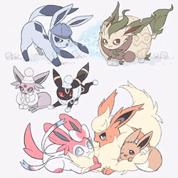 Size: 700x700 | Tagged: safe, artist:mikripkm, eevee, eeveelution, espeon, fictional species, flareon, glaceon, leafeon, mammal, sylveon, umbreon, feral, nintendo, pokémon, 2022, 2d, 2d animation, ambiguous gender, animated, beanie, behaving like a cat, blushing, clothes, cuddling, digital art, ears, fluff, fur, hug, ice, looking at each other, neck fluff, no sound, on model, one eye closed, open mouth, paws, pink nose, ribbons (body part), sharp teeth, simple background, snow, sweater, tail, teeth, tongue, topwear, webm
