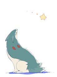 Size: 455x617 | Tagged: safe, artist:nazume4, fictional species, typhlosion, feral, nintendo, pokémon, 2022, ambiguous gender, blue body, blue fur, fur, looking at something, passed away, simple background, sitting, solo, solo ambiguous, star, starter pokémon, tan body, tan fur, white background