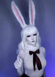 Size: 696x980 | Tagged: source needed, useless source url, safe, artist:kappy, carrot (one piece), human, lagomorph, mammal, rabbit, anthro, one piece, big breasts, breasts, cosplay, female, hair, irl, looking at you, photo, rabbit ears, red eyes, solo, solo female, sulong, sulong carrot (one piece), white hair