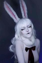 Size: 696x1035 | Tagged: source needed, useless source url, safe, artist:kappy, carrot (one piece), human, lagomorph, mammal, rabbit, anthro, one piece, big breasts, breasts, cosplay, eyes closed, female, hair, irl, photo, rabbit ears, smiling, solo, solo female, sulong, sulong carrot (one piece), white hair