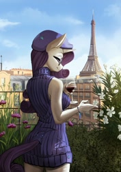 Size: 2300x3253 | Tagged: safe, artist:fidzfox, rarity (mlp), equine, fictional species, mammal, pony, unicorn, anthro, friendship is magic, hasbro, my little pony, 2022, alcohol, anthrofied, breasts, drink, eiffel tower, female, france, hair, high res, mane, paris, purple hair, purple mane, purple tail, smiling, solo, solo female, tail, ungulate, white body, wine, wine glass