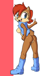 Size: 945x1400 | Tagged: suggestive, artist:fourssss, princess sally acorn (sonic), chipmunk, mammal, rodent, anthro, archie sonic the hedgehog, sega, sonic the hedgehog (series), 2021, black nose, boots, breasts, clothes, digital art, ears, eyelashes, fur, hair, jacket, looking at you, looking back, looking back at you, open mouth, rear view, shoes, sideboob, tail, thighs, tongue, topwear, wide hips