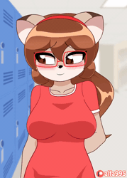 Size: 720x1008 | Tagged: suggestive, artist:alfa995, oc, oc:doe (alfa995), cat, cervid, deer, feline, mammal, anthro, 2022, animated, arm behind back, belly button, black nose, blushing, bottomwear, bouncing breasts, bra, breast squish, breasts, clothes, dialogue, digital art, distracted, doe, ears, english audio, eyelashes, eyes on the prize, female, female focus, flashing, fur, glasses, hair, legwear, locker, looking at you, looking away, oof, open mouth, school, seductive, seductive eyes, seductive look, seductive pose, shirt, shirt lift, short tail, skirt, solo, solo female, solo focus, sound, stockings, tail, talking, talking to viewer, thighs, tongue, topwear, underwear, voice acting, webm, wide hips