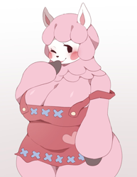 Size: 1088x1412 | Tagged: suggestive, artist:bear simp, reese (animal crossing), alpaca, mammal, anthro, animal crossing, nintendo, 2022, apron, arm hooves, big breasts, blushing, breasts, cleavage, clothes, dot eyes, fat, female, hooves, looking at you, naked apron, nudity, one eye closed, overweight, partial nudity, simple background, smiling, solo, solo female, white background, winking