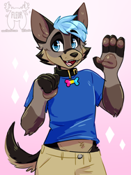 Size: 1692x2256 | Tagged: safe, artist:fleurfurr, oc, oc only, oc:jayson, canine, dog, mammal, anthro, 2020, clothes, collar, flag, male, pansexual pride flag, pet tag, pride flag, shirt, solo, solo male, topwear