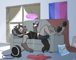 Size: 1280x1015 | Tagged: safe, artist:yellowhellion, oc, oc only, hyena, mammal, anthro, bisexual pride flag, blue eyes, briefs, brown body, brown fur, brown hair, cell phone, clothes, couch, digital art, earphones, ears, fan, flag, fur, fursona, hair, indoors, lying down, male, paw pads, paws, phone, pride flag, smartphone, solo, solo male, speech bubble, spots, spotted fur, tail, tank top, text, topwear, underpaw, underwear, window