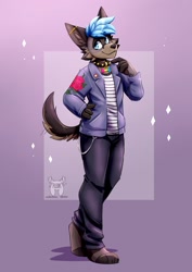 Size: 1509x2136 | Tagged: safe, artist:fleurfurr, oc, oc only, oc:jayson, canine, dog, mammal, anthro, 2021, bottomwear, clothes, collar, ear fluff, ear piercing, flag, fluff, hair, jacket, male, pansexual pride flag, pants, patreon reward, pet tag, piercing, pride flag, shirt, smiling, solo, solo male, spiked collar, tail, topwear