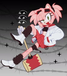 Size: 1573x1778 | Tagged: safe, artist:3mia_hadi3, amy rose (sonic), hedgehog, mammal, anthro, sega, sonic the hedgehog (series), barbed wire, blush sticker, boots, chest wraps, clothes, female, glasses, glasses on head, hand in pocket, holding, holding hammer, holding object, holding weapon, jacket, leg wraps, midriff, piko piko hammer, pleated skirt, shoes, solo, solo female, sunglasses, sunglasses on head, topwear, weapon, wraps