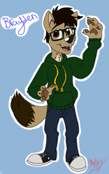 Size: 1065x1703 | Tagged: safe, artist:hufflepuffrave, oc, oc only, oc:brayden (brayden), canine, mammal, wolf, anthro, cc by-nc-nd, creative commons, 2015, male, solo, solo male