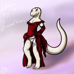 Size: 4096x4096 | Tagged: suggestive, alternate version, artist:spe, crusch lulu (overlord), lizard, reptile, anthro, digitigrade anthro, overlord (light novel), 1:1, 2022, absurd resolution, big tail, cameltoe, clothes, digital art, evening gloves, evening gown, eyelashes, fangs, female, flat chest, garter, gloves, kinktober, long gloves, long tail, looking at you, pink panties, red dress, red eyes, scales, sharp teeth, signature, solo, solo female, tail, teeth, thick thighs, thighs, white scales