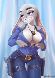 Size: 676x950 | Tagged: suggestive, artist:john_hundred, judy hopps (zootopia), lagomorph, mammal, rabbit, anthro, disney, zootopia, 2022, bedroom eyes, bottomwear, braless, breasts, clothes, digital art, ears, eyelashes, female, floppy ears, fur, pants, pink nose, police badge, police uniform, pose, shirt, solo, solo female, tail, thigh gap, thighs, topwear, undressing, wide hips