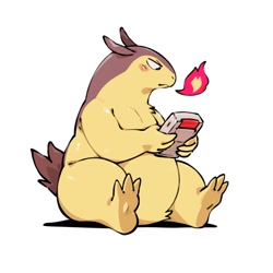 Size: 1200x1200 | Tagged: safe, artist:apricotsammi, fictional species, shiny pokémon, typhlosion, semi-anthro, game boy, nintendo, pokémon, 2022, ambiguous gender, annoyed, bipedal, brown body, brown fur, fire, fur, holding, holding object, multicolored fur, simple background, sitting, solo, solo ambiguous, starter pokémon, tan body, tan fur, two toned body, two toned fur, video game, white background, yellow body, yellow fur