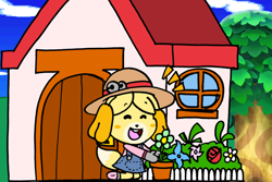 Size: 1024x685 | Tagged: safe, artist:captainquack64, isabelle (animal crossing), canine, dog, mammal, shih tzu, anthro, animal crossing, nintendo, 2d, building, clothes, cottagecore, cute, eyes closed, female, flower, hat, headwear, house, open mouth, open smile, plant, smiling, solo, solo female