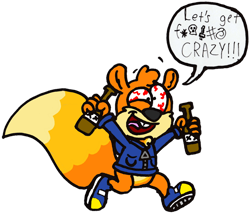 Size: 966x827 | Tagged: safe, artist:captainquack64, conker the squirrel (conker), mammal, rodent, squirrel, anthro, conker (series), rareware, 2d, bloodshot eyes, bottomless, clothes, dialogue, drunk, english text, front view, male, nudity, open mouth, open smile, partial nudity, running, shoes, simple background, smiling, solo, solo male, talking, text, three-quarter view, transparent background