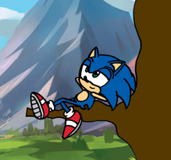 Size: 926x863 | Tagged: safe, artist:captainquack64, sonic the hedgehog (sonic), hedgehog, mammal, anthro, sega, sonic the hedgehog (series), 2d, clothes, male, mountain, plant, relaxing, shoes, smiling, solo, solo male, tree