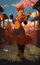 Size: 744x1200 | Tagged: safe, artist:kalahari, oc, oc:juno (kalahari), canine, fox, mammal, mustelid, otter, anthro, 2021, alcohol, beer, black body, black fur, blonde hair, bottomwear, bra, breasts, can, cap, clothes, container, drink, ears, female, festival, flower, flower in hair, food, fur, gloves (arm marking), group, hair, hair accessory, hat, headwear, hot dog, jewelry, male, necklace, outdoors, plant, red body, red fur, shirt, shoes, shorts, socks (leg marking), solo, solo focus, surprised, tail, tank top, topwear, underwear, vixen, white body, white fur