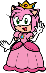 Size: 904x1439 | Tagged: safe, artist:captainquack64, amy rose (sonic), princess peach (mario), hedgehog, mammal, anthro, mario (series), nintendo, sega, sonic the hedgehog (series), 2d, bottomwear, clothes, cosplay, crossover, crown, dress, female, headwear, jewelry, looking at you, open mouth, open smile, puffy sleeves, regalia, simple background, smiling, smiling at you, solo, solo female, transparent background
