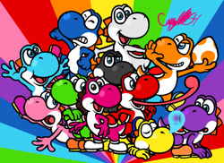 Size: 1047x763 | Tagged: safe, artist:captainquack64, fictional species, yoshi (species), feral, mario (series), nintendo, 2d, ambiguous gender, ambiguous only, black body, blue body, blue eyes, clothes, egg, eyes closed, green body, group, long tongue, looking at you, open mouth, open smile, orange body, pink body, purple body, red body, shoes, sleeping, smiling, smiling at you, snot bubble, tongue, tongue out, white body, yellow body