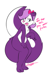 Size: 776x1200 | Tagged: safe, artist:zajice, fifi la fume (tiny toon adventures), mammal, skunk, anthro, tiny toon adventures, warner brothers, 2010, 2d, dialogue, female, french text, fur, hair, looking at you, looking back, looking back at you, open mouth, purple body, purple fur, purple hair, signature, simple background, solo, solo female, talking, talking to viewer, text, white background